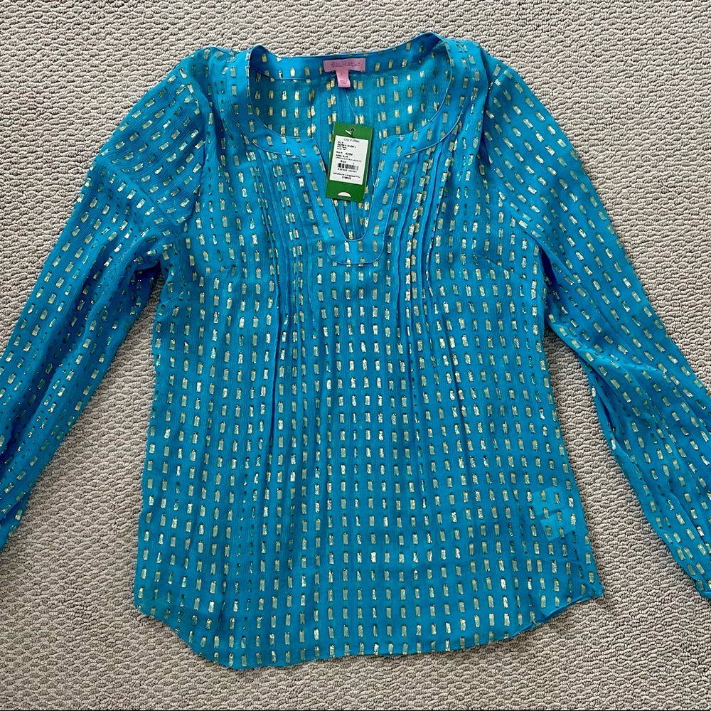 Lilly Pulitzer Colby Silk Top Tunic Ariel Blue Crinkle Clip Sz LG. New w Tags